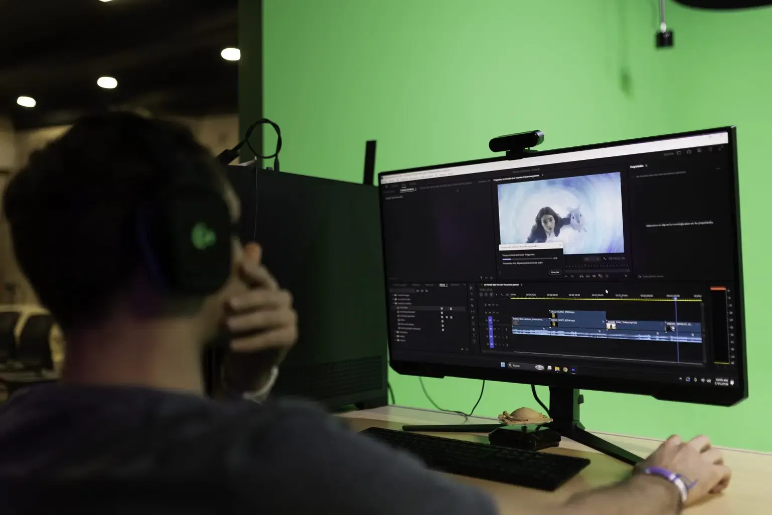 Un editor con audífonos monta una secuencia de vídeo en una estación del laboratorio en el santander arena, frente al fondo verde del set de croma.