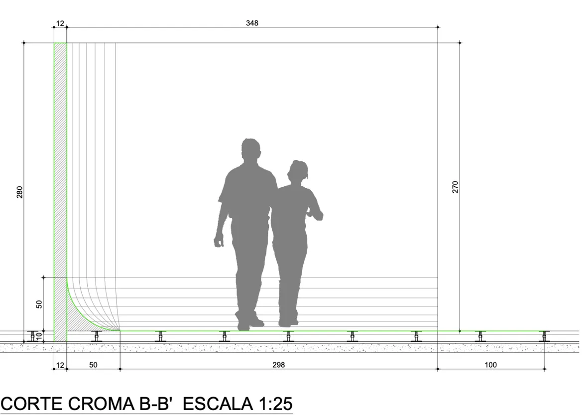 Corte B-B’ del croma a escala 1:25, con la curva del fondo infinito y dos siluetas humanas de referencia.