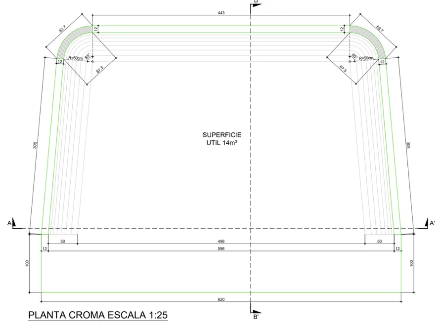 Planta del croma a escala 1:25: 14 m² útiles con esquinas curvas y fondo infinito.